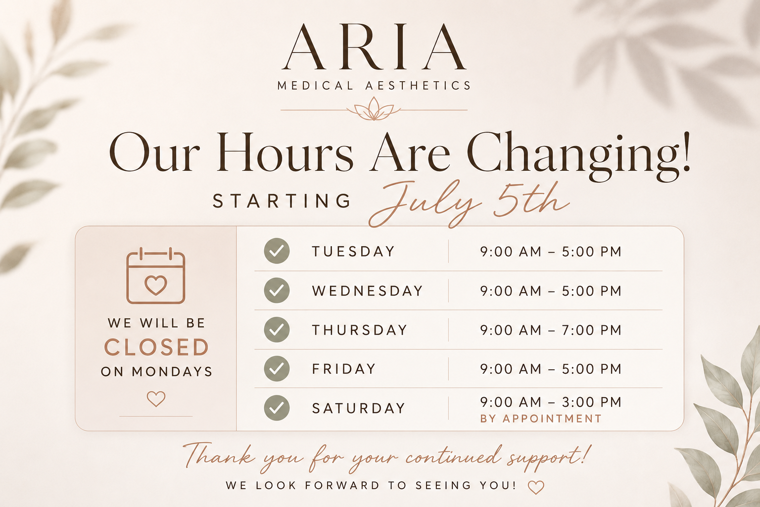 aria new hours